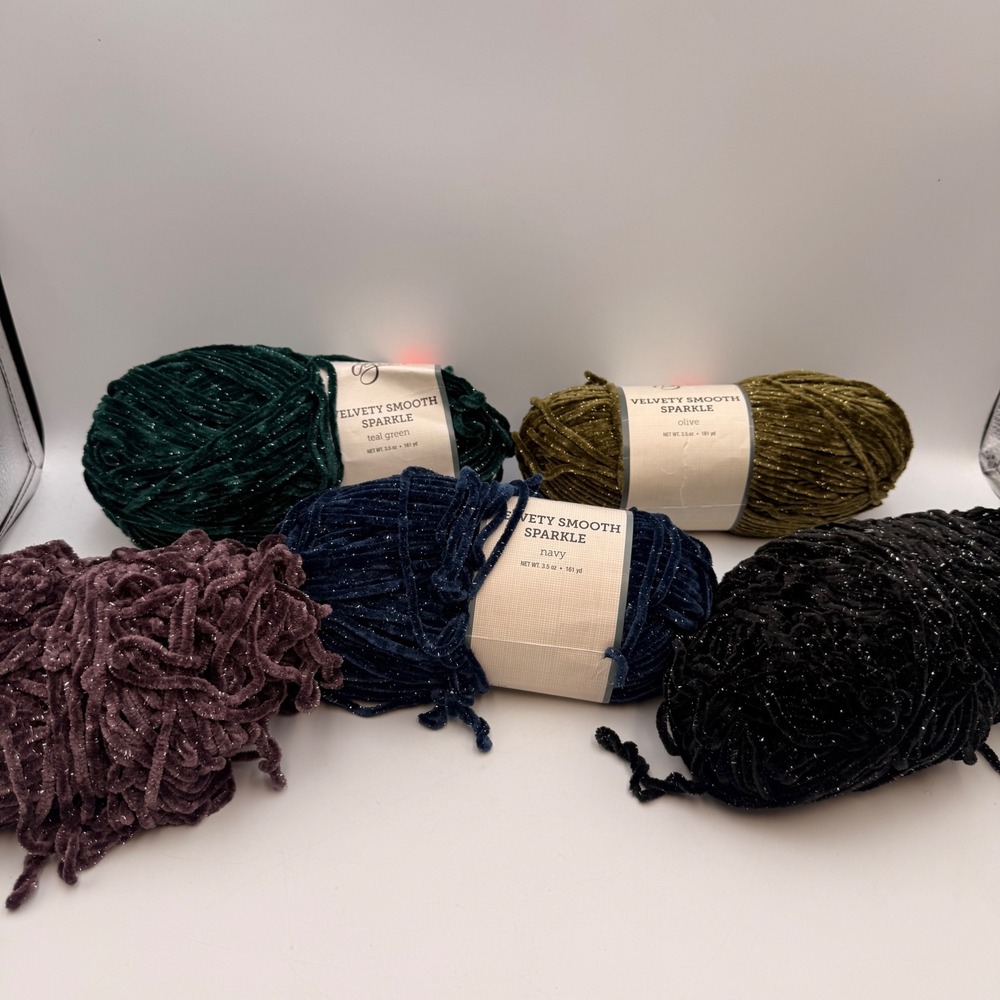 Yarn Bee Velvety Smooth Sparkle Yarn Lot 5 Skeins Navy Teal Olive Black Plum